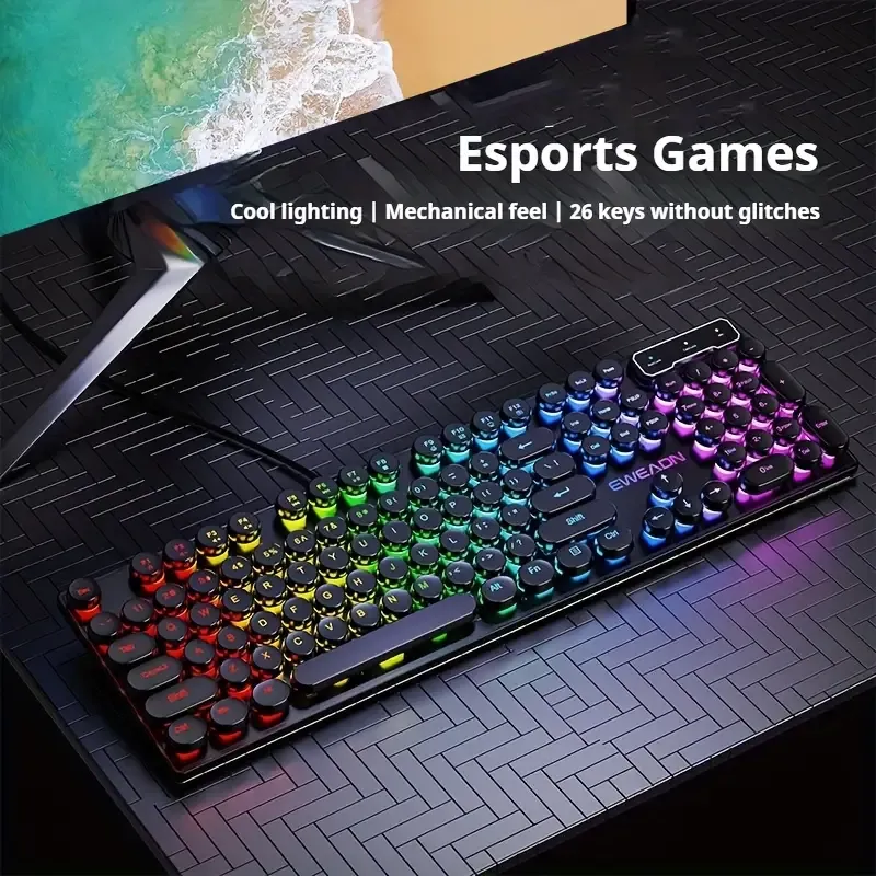 EWEADN GX330 Retro-Style Wired Gaming Keyboard - Experience Ergonomic Comfort with Silent, LED-Backlit Keys and Seamless USB Connectivity for PC and Laptop