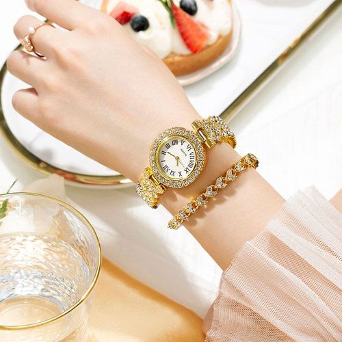 Elegant Studed Ladies Wristwatch With Hand Chain-Gold