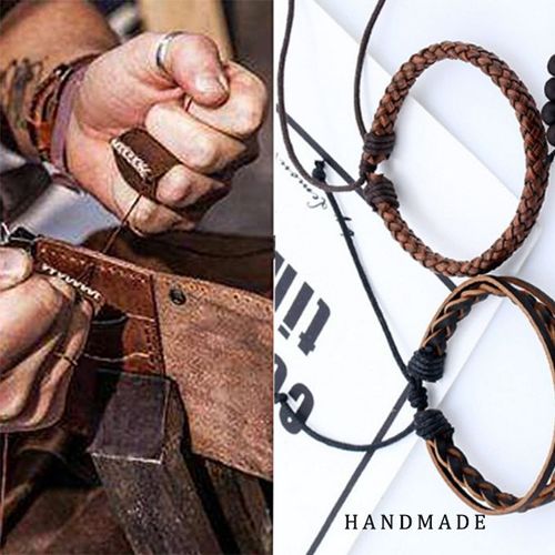 4 In 1 PU Leather Mens Bracelets Retro Braided Adjustable Hand Bracelet