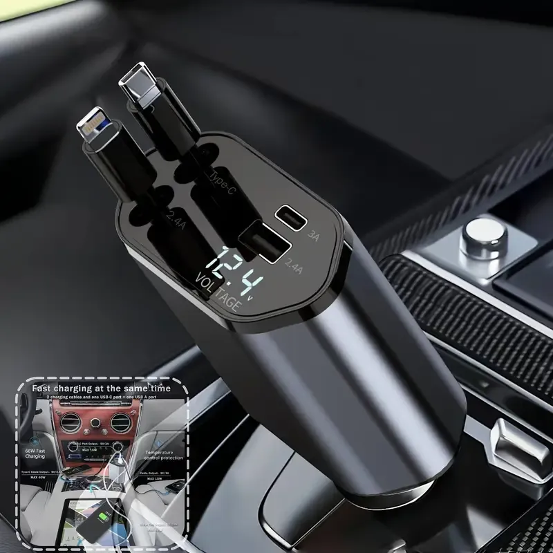 4-In-1 Fast Charging Car Charger with Digital Voltage Display