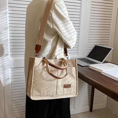 Roomy Corduroy Tote Bag with Wide Shoulder Strap for Women - 2024 Collection