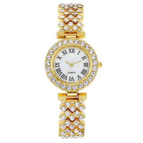 Elegant Studed Ladies Wristwatch With Hand Chain-Gold