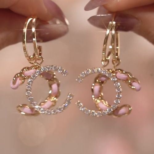 C pink leather diamond earrings S925 silver needle