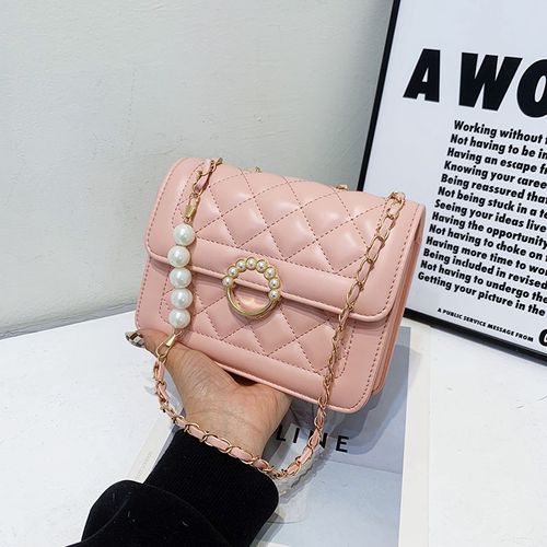 2024 Fashionable New Pearl Chain Bag Casual Shoulder Bag Solid Color Messenger Bag Diamond Small Square Bag Women's Bag
