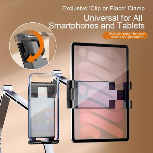 Rotatable Holder Stand Tablet Holder Multi-Angle Design Phone Clip Swivel Mount Desktop Aluminum Alloy Cantilever Bed Desk Home Live Folding Bracket Compatible with 4 inches - 13 inches Phone Tablet (Gray)