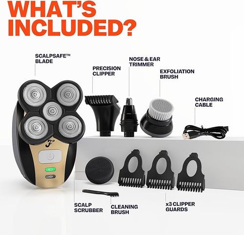 The FlexSeries Electric Head Hair Shaver - Freebird - Ultimate Mens Cordless Rechargeable Wet-Dry Skull & Bald Head Waterproof Razor with Rotary Blades, Clippers, Nose Trimmer, Brush, Massager