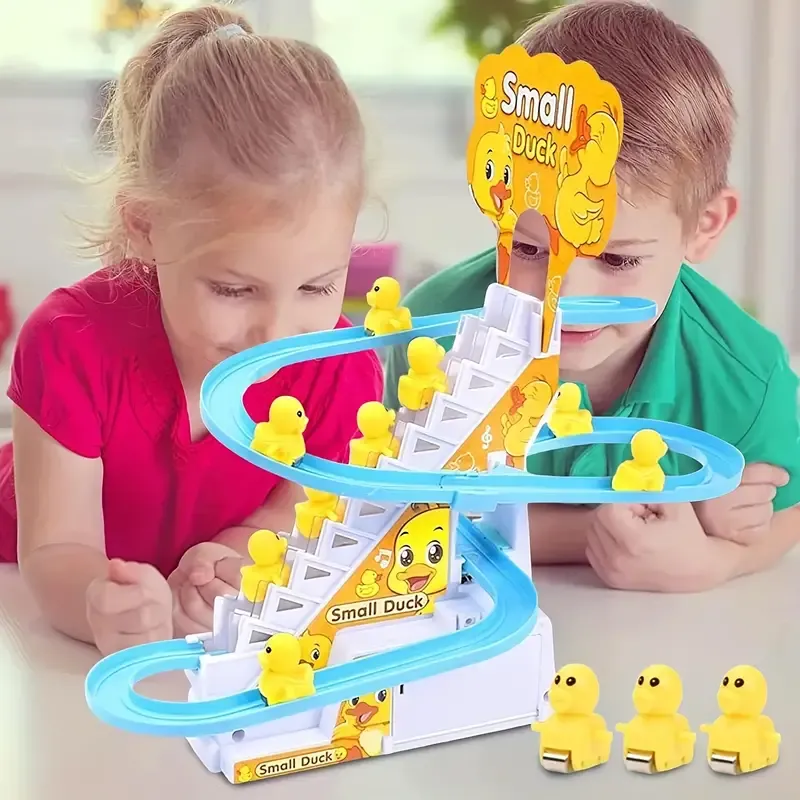 Little yellow duck slide track, light and music, little duck automatically climbs stairs, cute and cute children's toys