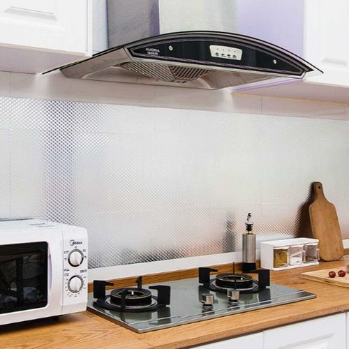 Kitchen Wall Paper Oil Proof Sticker Backsplash Silver Self-Adhesive Protective Sticker, 15.7X393.7 Inches