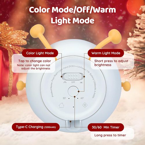 Cute Night Light Rechargeable with 7 Color Changing and Timer, Kids Pear Night Light for Toddler Baby Christmas Gifts, Touch Portable LED Silicone Lamp for Nursery