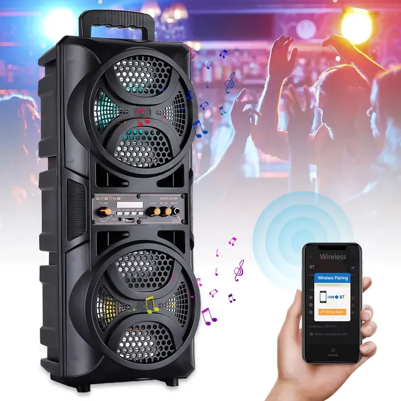 Dual 6.5in Portable Speaker, Wireless Sub Woofer Heavy Bass Sound System, Car Stereo Receivers, with LED Lights, Mic, for Outdoor RV Party-Black