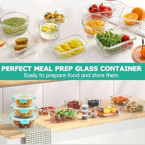 12-Pack Airtight Glass Food Storage Containers with Leakproof Snap Lock Lids - Oven, Microwave & Freezer Safe