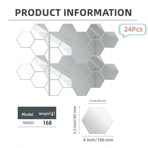 24PCS Acrylic Mirror Wall Sticker Reflective Self-adhesive Hexagon Home Decorations