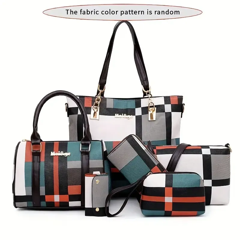 6pcs-set Large Capacity Shoulder Bag with Checkered Pattern and Multiple Functions: Handbag, Crossbody Bag, Clutch Bag, Long & Short Wallet