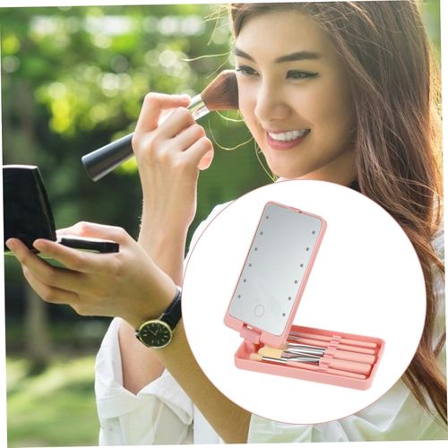Travel Set Compact Mirror Brushes Makeup Mirror Brush Set with LED Lights