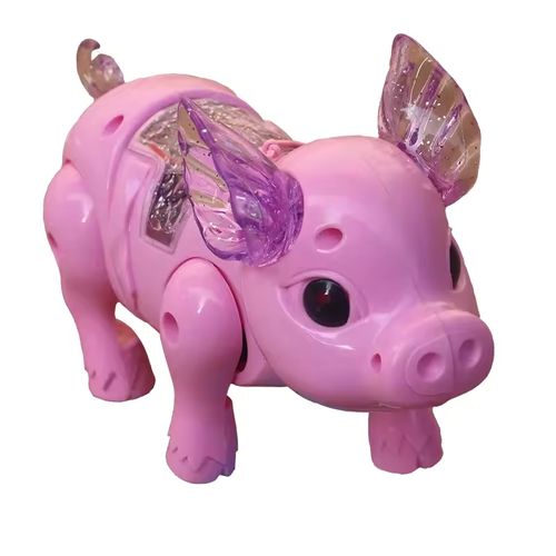 Motorized pull string animal toy pig with glow-in-the-dark music