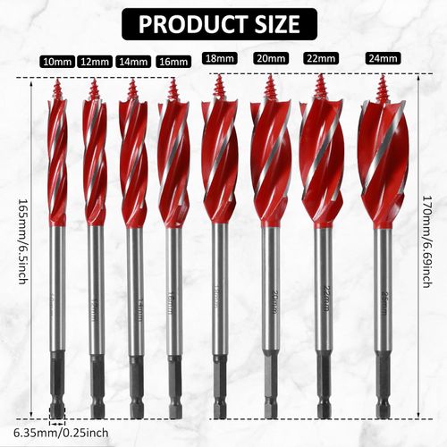 8-piece wooden drill bit set, high carbon steel 4-side cutting drill bit set