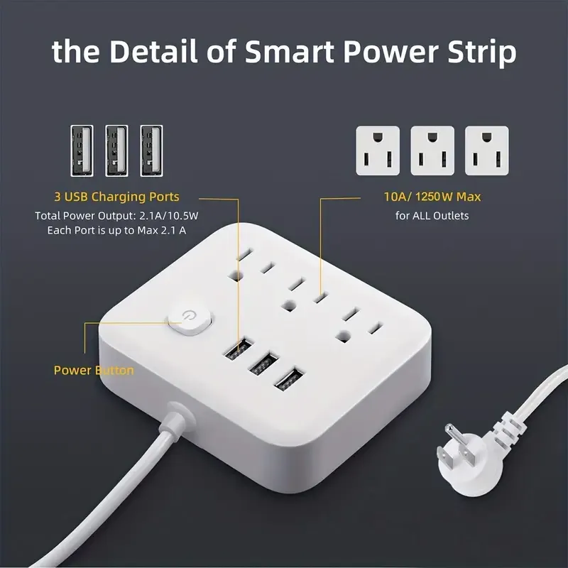 Power Strip Surge Protector, 3 AC Outlets 3 USB 1 Power Button