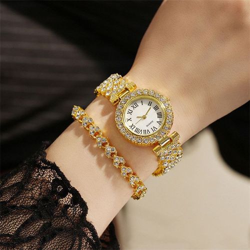 Elegant Studed Ladies Wristwatch With Hand Chain-Gold