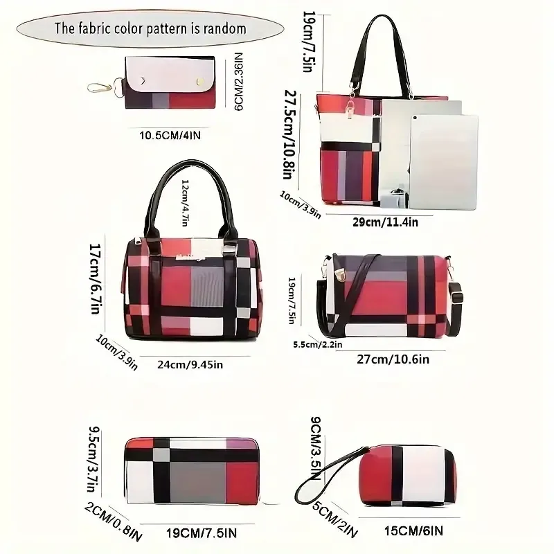 6pcs-set Large Capacity Shoulder Bag with Checkered Pattern and Multiple Functions: Handbag, Crossbody Bag, Clutch Bag, Long & Short Wallet