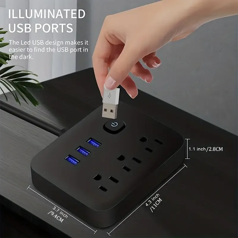 Power Strip Surge Protector, 3 AC Outlets 3 USB 1 Power Button