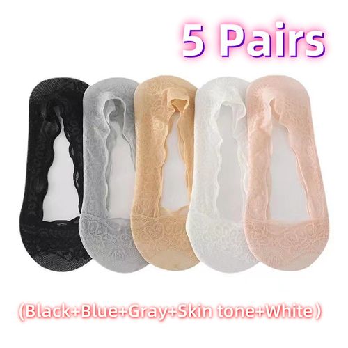 🧦5 Pairs Lace No Show Liner Socks for Women✨(Black+Blue+Gray+Skin tone+White）