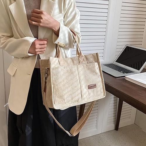 Roomy Corduroy Tote Bag with Wide Shoulder Strap for Women - 2024 Collection