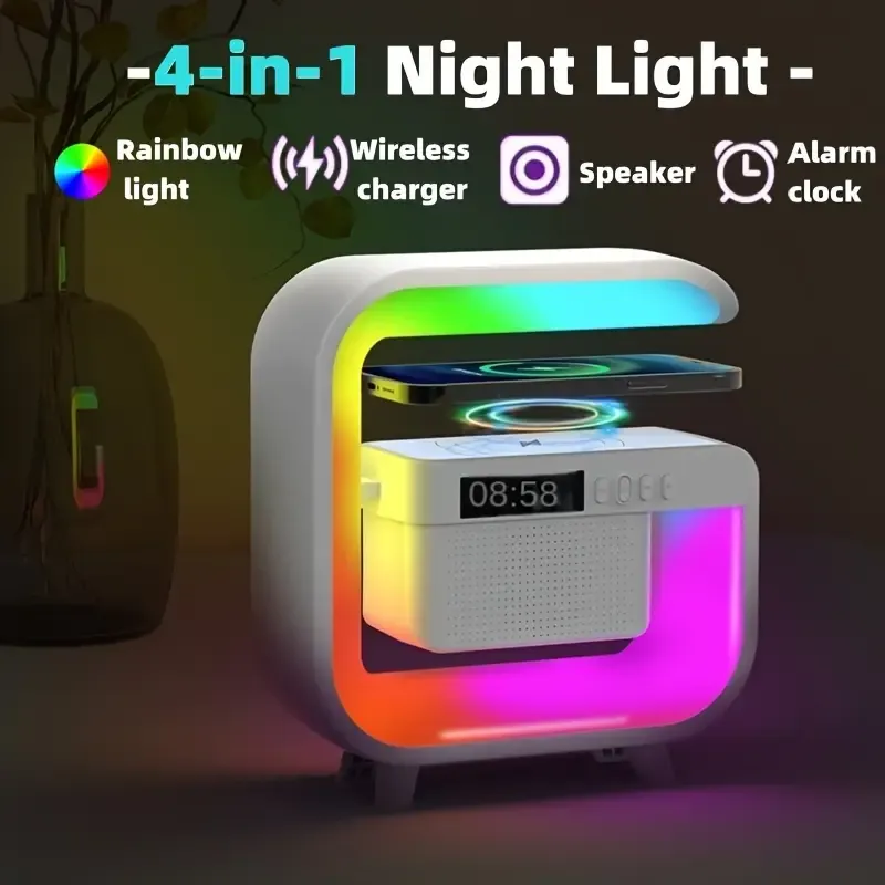 New 4-in-1 Wireless Charging Speaker Colorful LED Desk Lamp Wireless Charging Wireless Speaker Multi functional Hifi Speaker Heavy Bass Speaker Time Alarm Clock TF Card Speaker