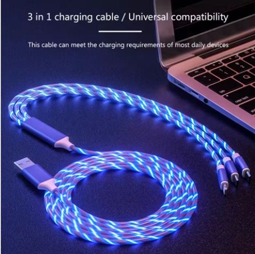 3 in 1 LED light Micro USB Type C Cable 3A Fast Charging for Samsung iPhone Xiaomi Flowing Streamer Type-C Cable Glowing Cable