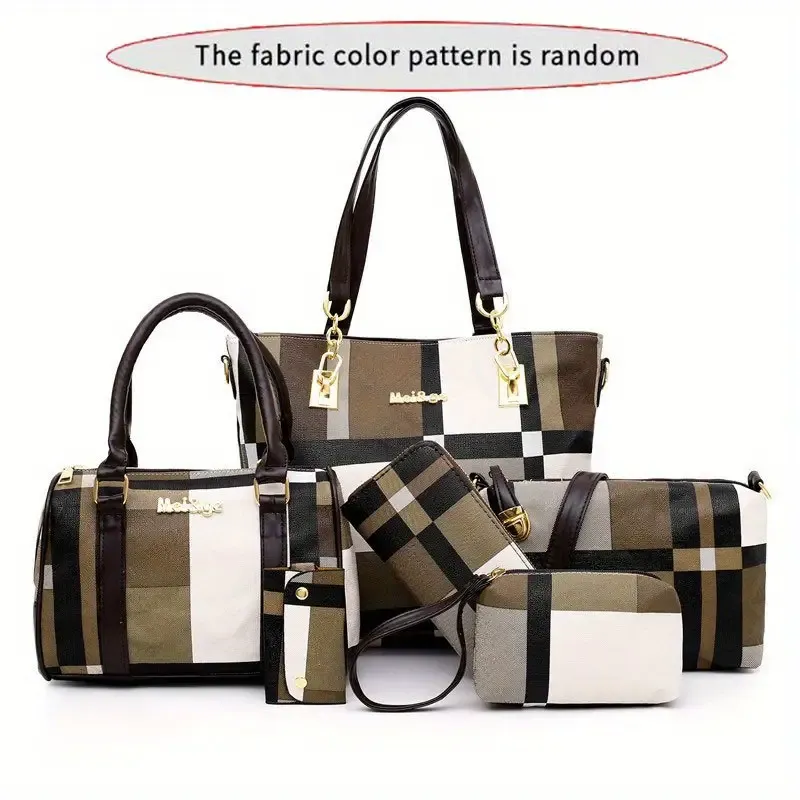 6pcs-set Large Capacity Shoulder Bag with Checkered Pattern and Multiple Functions: Handbag, Crossbody Bag, Clutch Bag, Long & Short Wallet