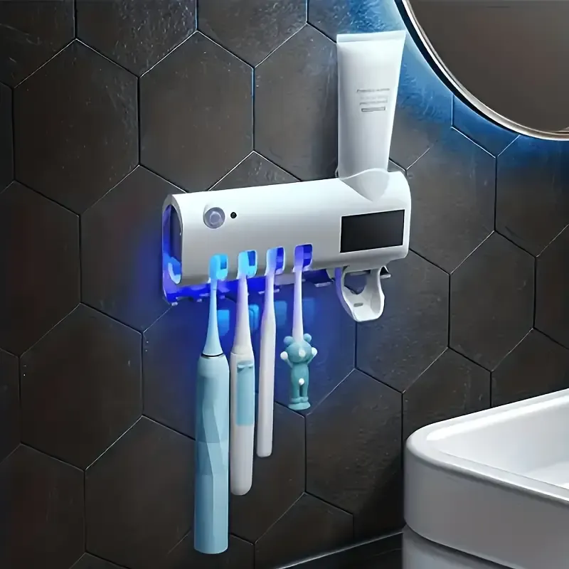 SENBOWE USB Rechargeable Smart Toothbrush Holder with Blue Light Sterilizer, UV-Catalyst Ray & Photocatalyst Technology, Non-Punch Wall-Mounted Design, 18650 Lithium Battery, Multi-Functional Toothbrush Storage Box for Hygienic Home Bathroom Organization, USB Rechargeable Holder | Modern Toothbrush Holder | Highquality Materials