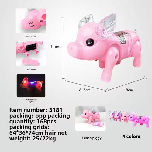 Motorized pull string animal toy pig with glow-in-the-dark music