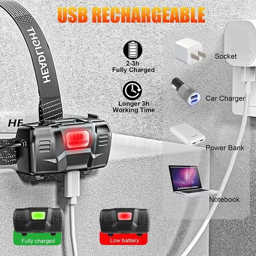 Charging LED Headlight With Sports Sensor And USB Port - Black