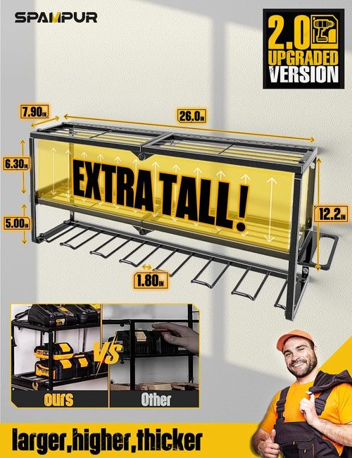 SDY Power Tool Holder and Storage Rack for Garage Organization, Heavy Duty Metal Tool Rack with Battery Holder