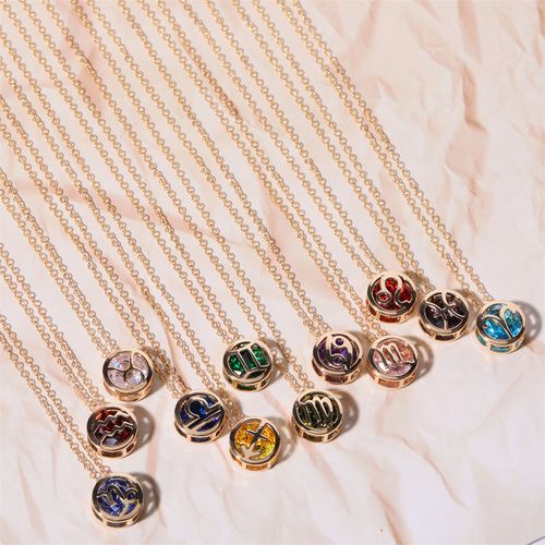 Double-sided hollow twelve constellations necklace, versatile twelve birthdays, zircon pendant, clavicle chain, real gold plated, color-preserving