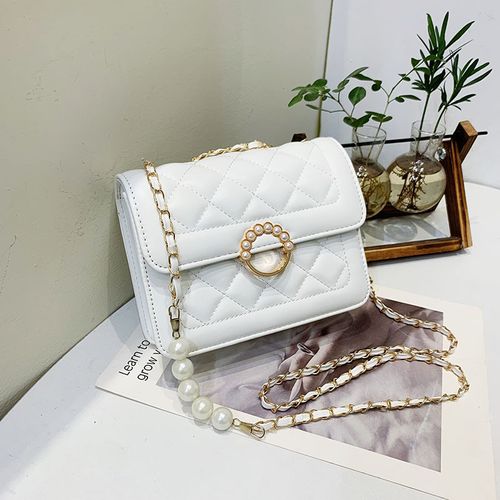 2024 Fashionable New Pearl Chain Bag Casual Shoulder Bag Solid Color Messenger Bag Diamond Small Square Bag Women's Bag