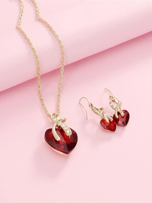 Women's Heart Necklace + Earrings - 2 Pieces Red