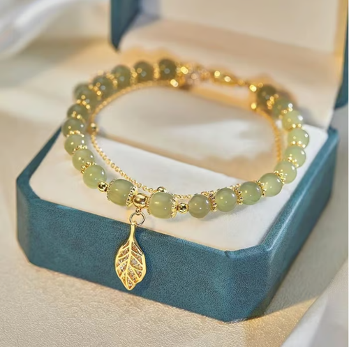 Wotian Jade Lucky Gold Leaf Bangle-Tree Leaves