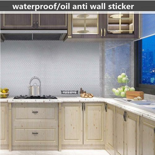 Kitchen Wall Paper Oil Proof Sticker Backsplash Silver Self-Adhesive Protective Sticker, 15.7X393.7 Inches