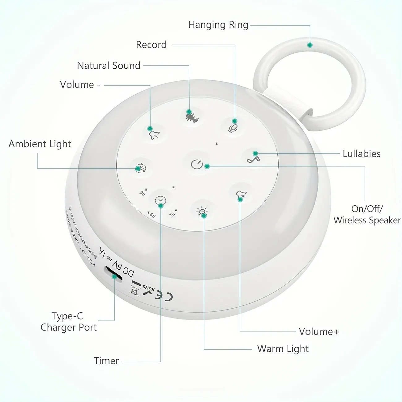 SA18 White Noise Recording Sound Machine with 24 Soothing Options, Night Light Control, Portable Hook for Travel, Perfect for Relaxation and, USB Rechargeable, Wireless Enabled, TPU Material, Sound Machine for Sleep