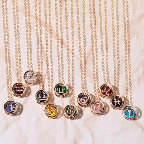 Double-sided hollow twelve constellations necklace, versatile twelve birthdays, zircon pendant, clavicle chain, real gold plated, color-preserving