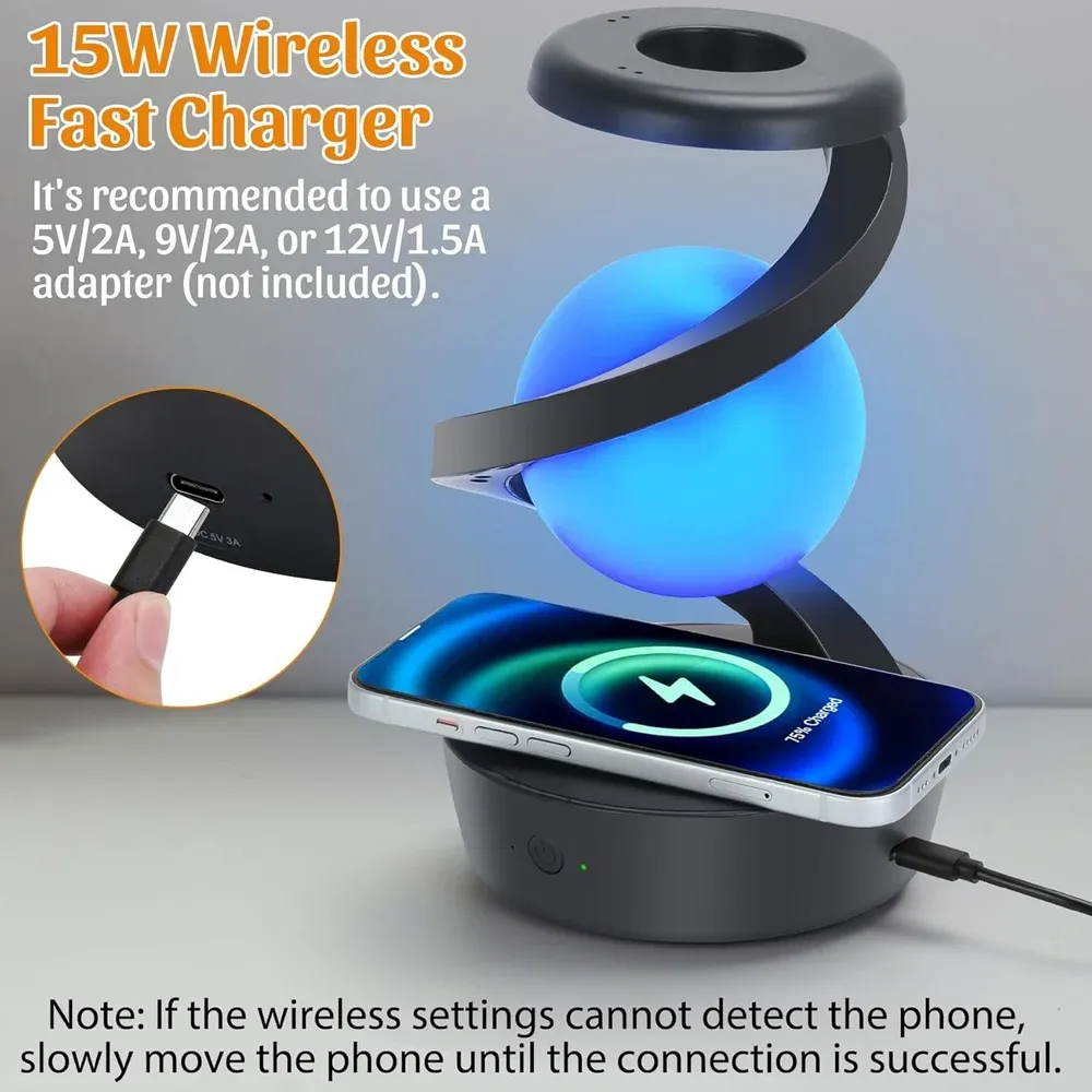 Spiral Levitation Floating Light RGB Night Light with Phone Wireless Charging Pad