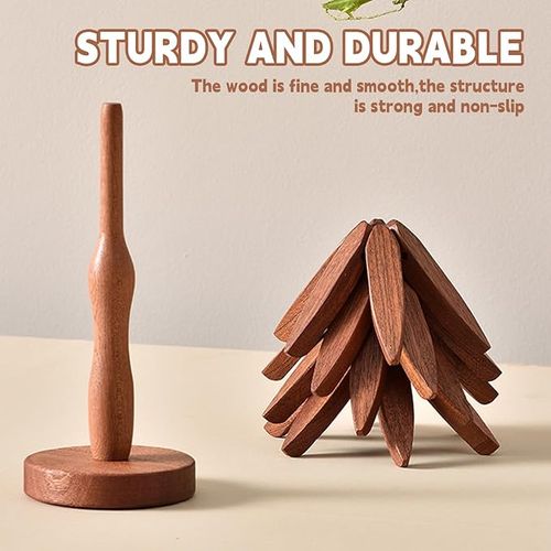 3 Wooden Trivets+1 Stand  Wooden creative walnut one tree solid wood insulation mat Christmas tree insulation table mat home coaster Casserole mat