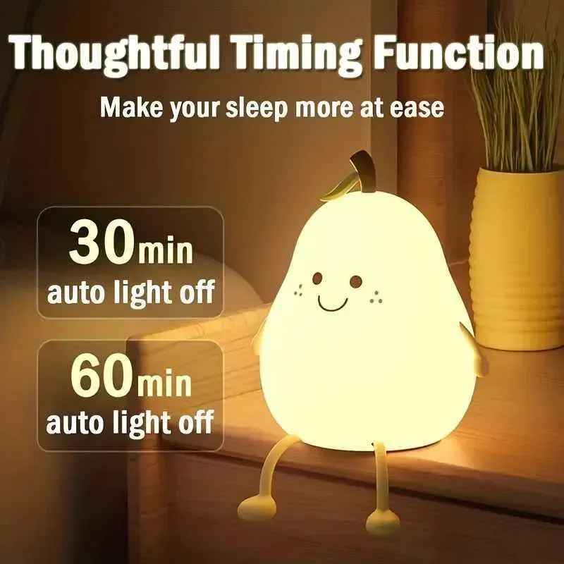 Cute Night Light Rechargeable with 7 Color Changing and Timer, Kids Pear Night Light for Toddler Baby Christmas Gifts, Touch Portable LED Silicone Lamp for Nursery