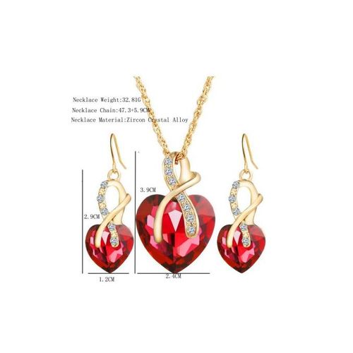 Women's Heart Necklace + Earrings - 2 Pieces Red