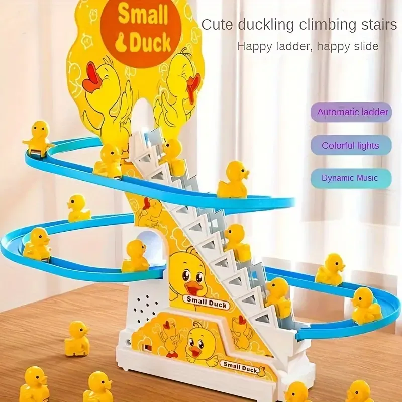 Little yellow duck slide track, light and music, little duck automatically climbs stairs, cute and cute children's toys