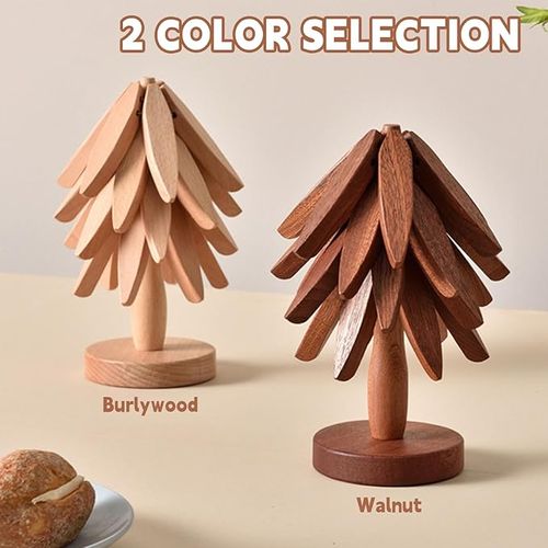 3 Wooden Trivets+1 Stand  Wooden creative walnut one tree solid wood insulation mat Christmas tree insulation table mat home coaster Casserole mat