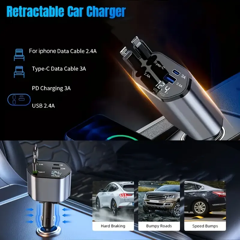 4-In-1 Fast Charging Car Charger with Digital Voltage Display