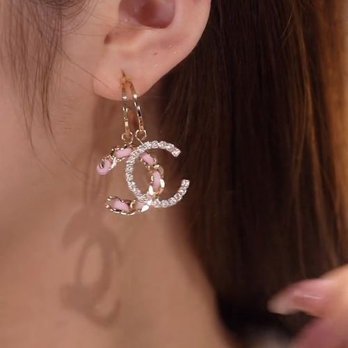 C pink leather diamond earrings S925 silver needle