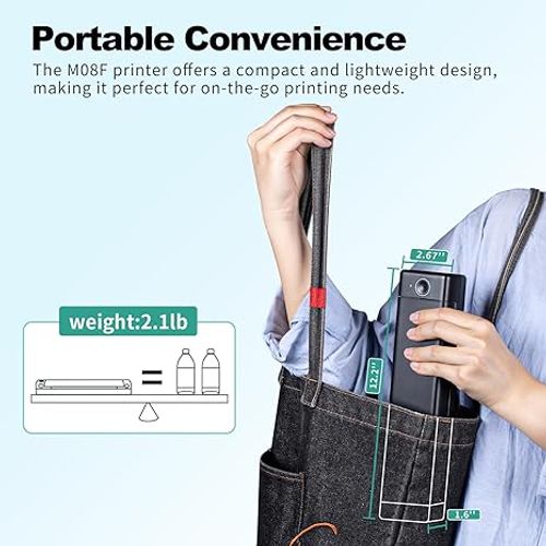 Portable Travel Wireless Printer M08F Thermal Wireless Printer Support, Inkless Bluetooth Printer Compatible with Mobile Phones, Laptops and PCs, Suitable for Travel, Business, Office