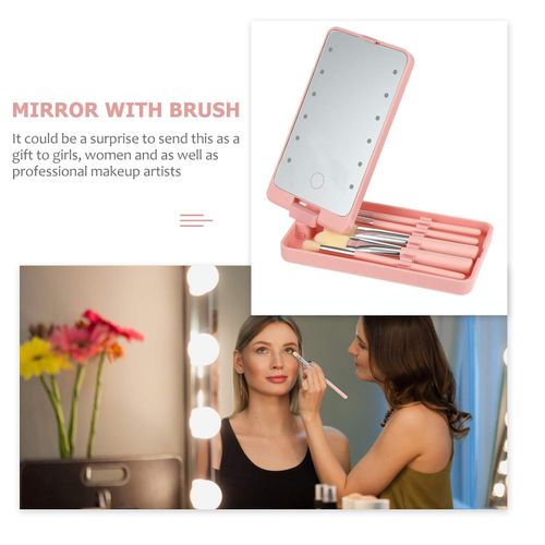 Travel Set Compact Mirror Brushes Makeup Mirror Brush Set with LED Lights
